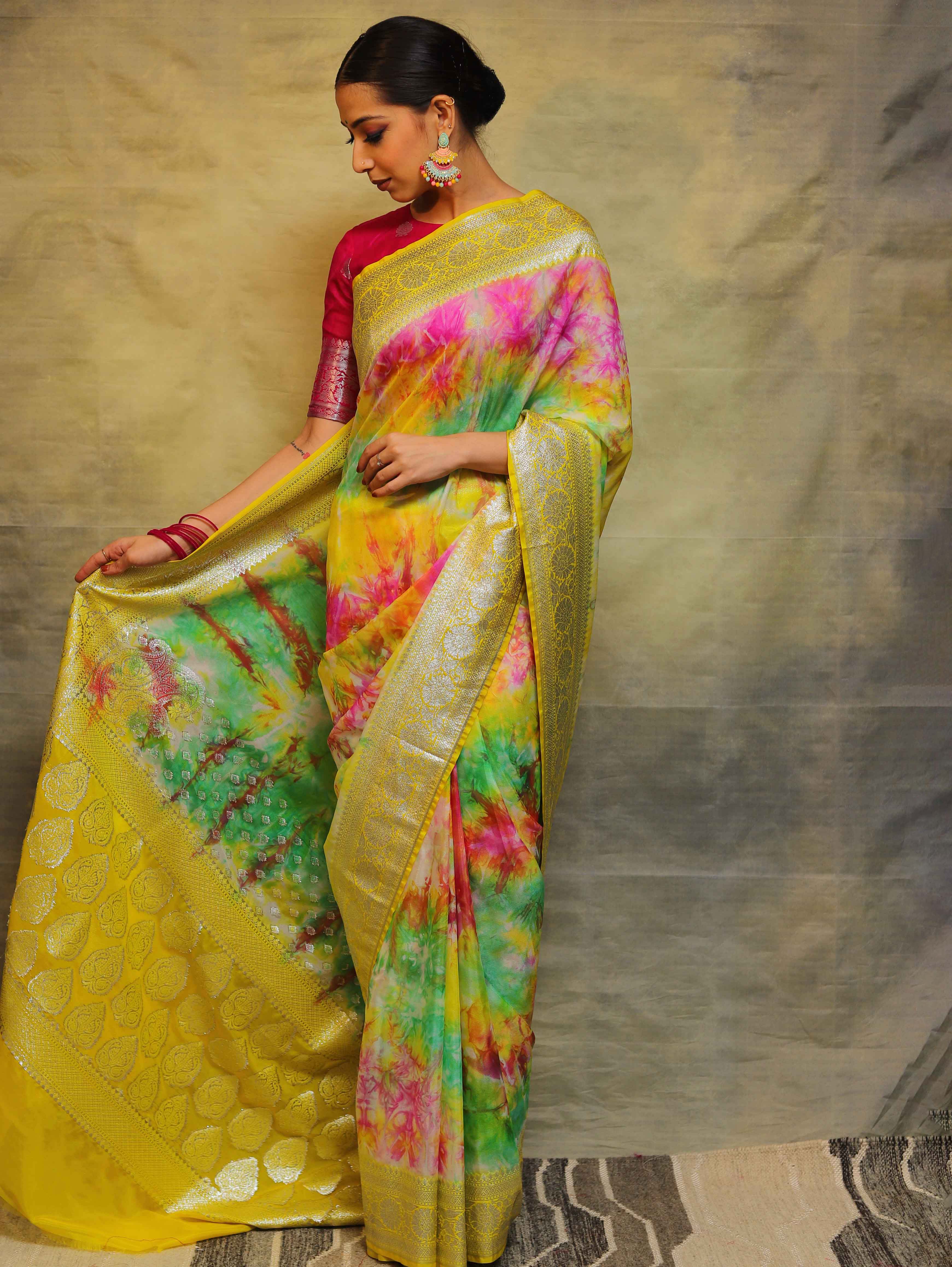 Banarasee Handwoven Faux Georgette Saree With Shibori Dye & Silver Zari-Multicolor