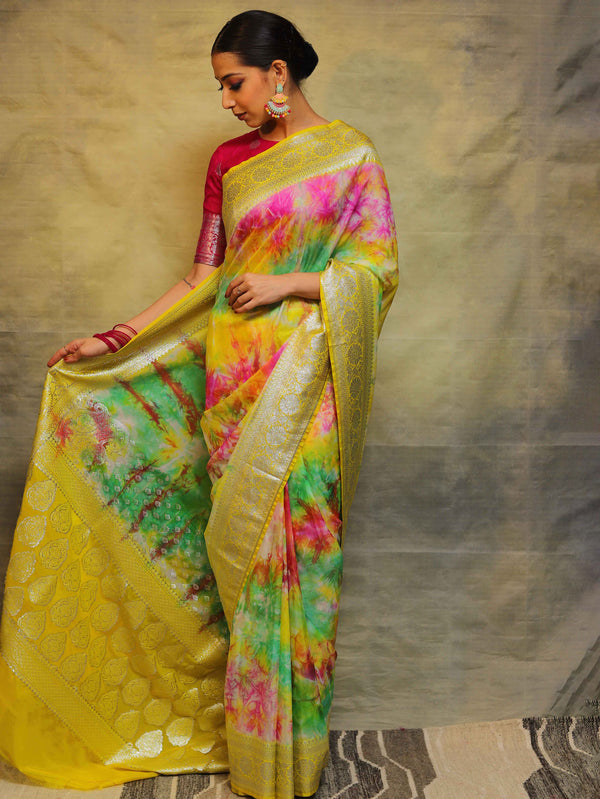 Banarasee Handwoven Faux Georgette Saree With Shibori Dye & Silver Zari-Multicolor