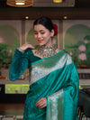 Banarasee Handwoven Semi Katan Saree With Tanchoi Work & Gold Zari Border-Emerald Green