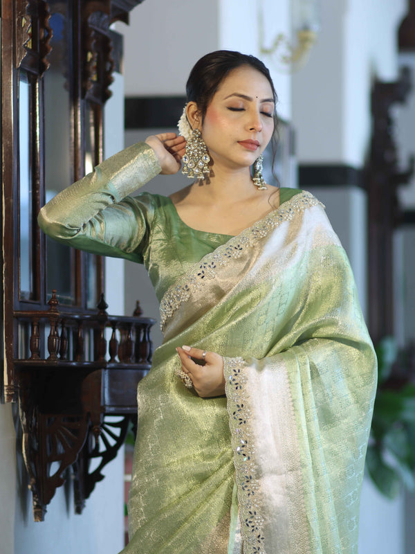 Banarasee Handloom Tissue Saree With Zari Woven Design Border & Lace-Green