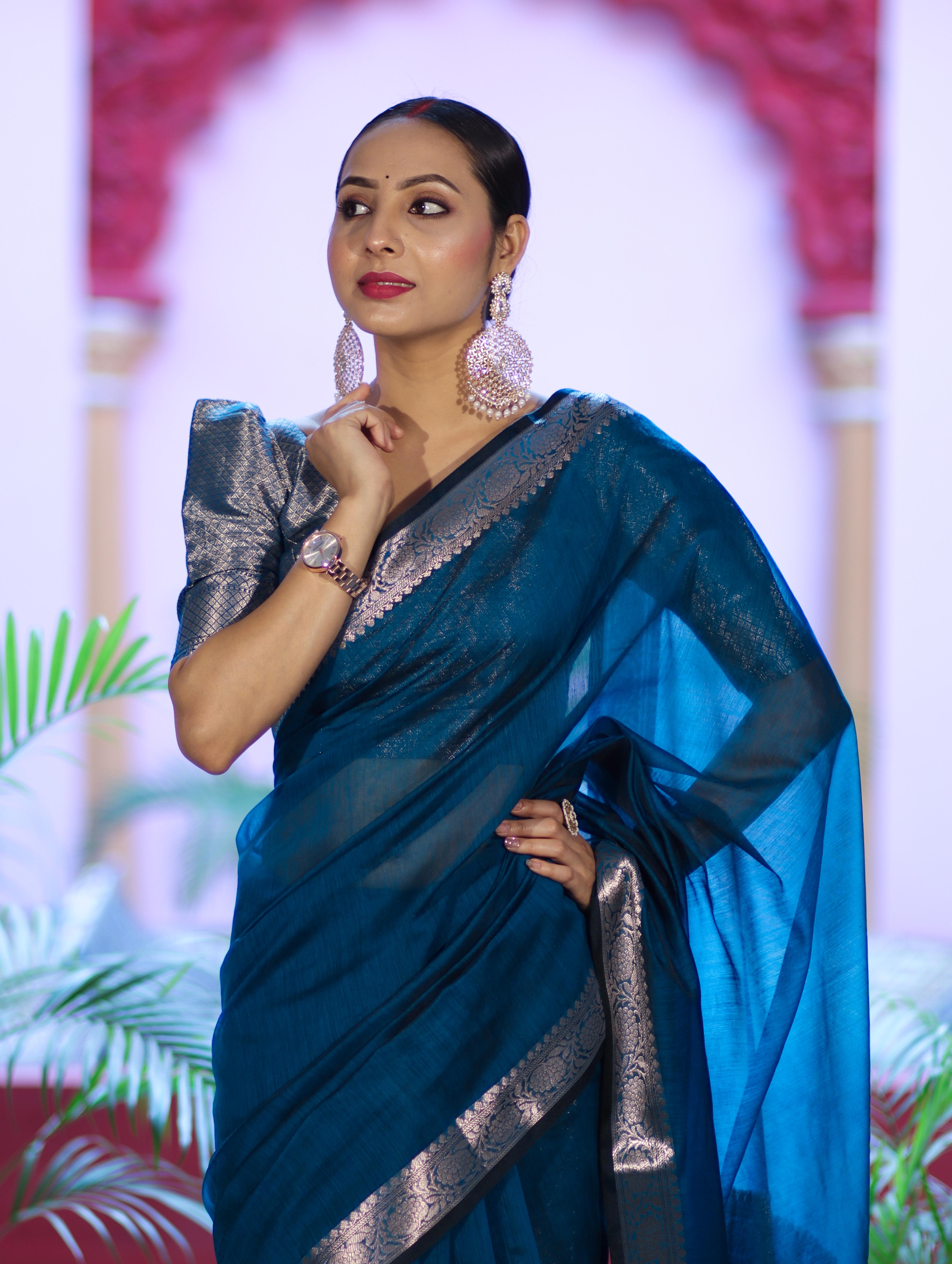 Banarasee Cotton Silk Plain Saree With Floral Zari Border-Ocean Blue