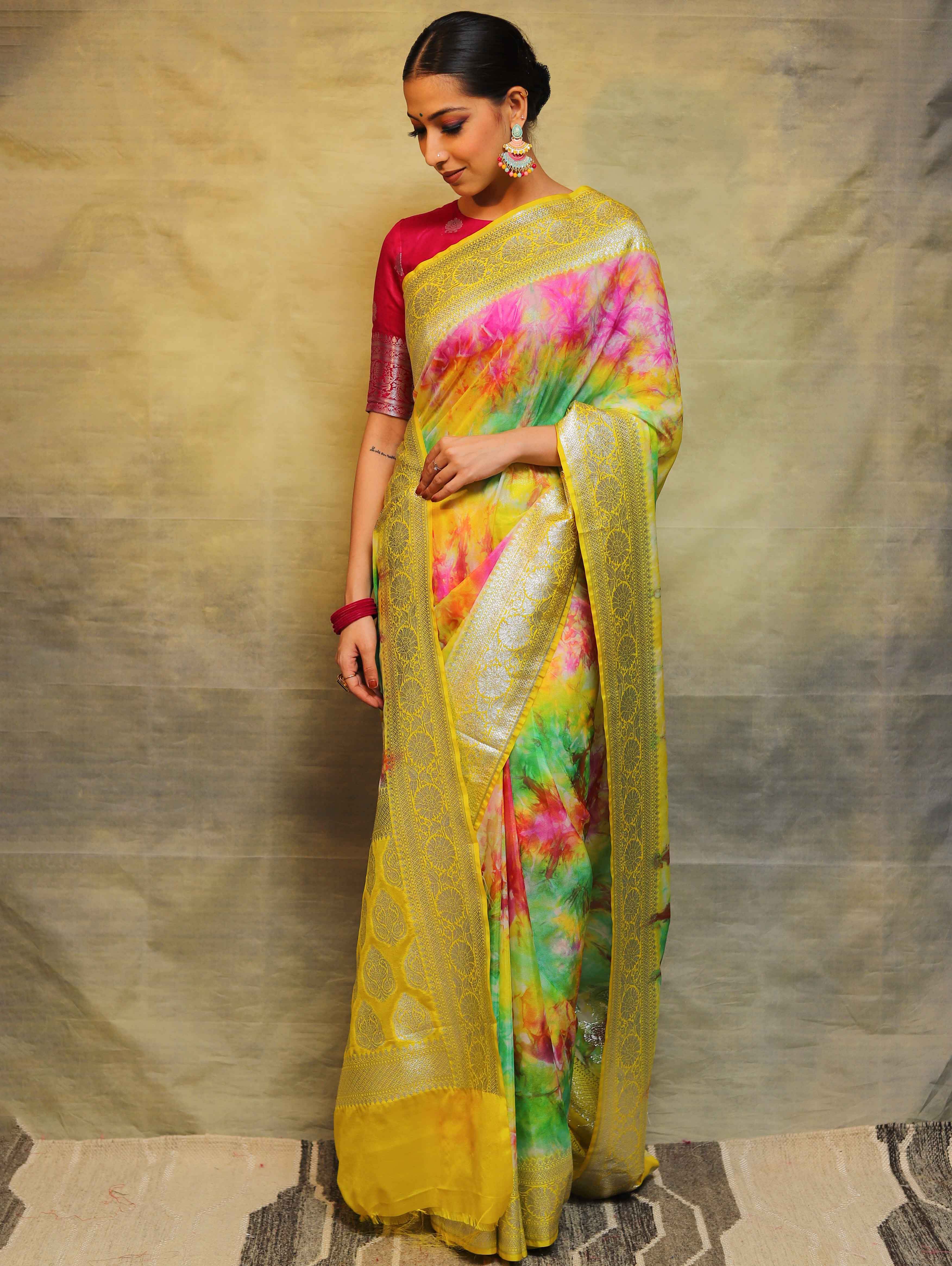 Banarasee Handwoven Faux Georgette Saree With Shibori Dye & Silver Zari-Multicolor