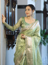 Banarasee Handloom Tissue Saree With Zari Woven Design Border & Lace-Green