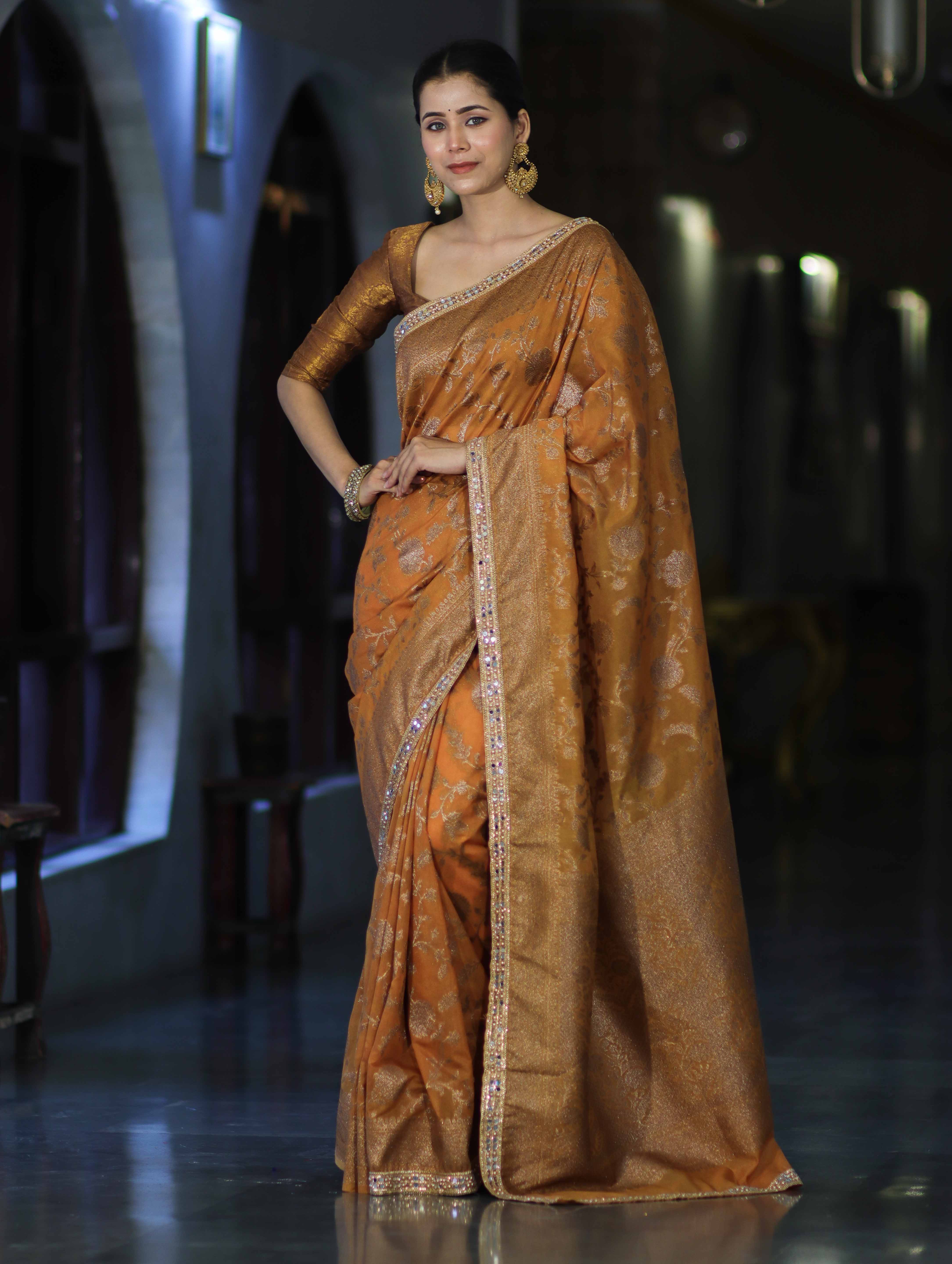 Banarasee Handwoven Georgette Saree With Antique Zari Jaal Design Border & Lace-Mustard Yellow