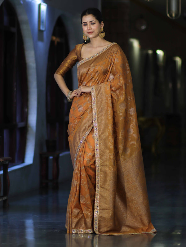 Banarasee Handwoven Georgette Saree With Antique Zari Jaal Design Border & Lace-Mustard Yellow