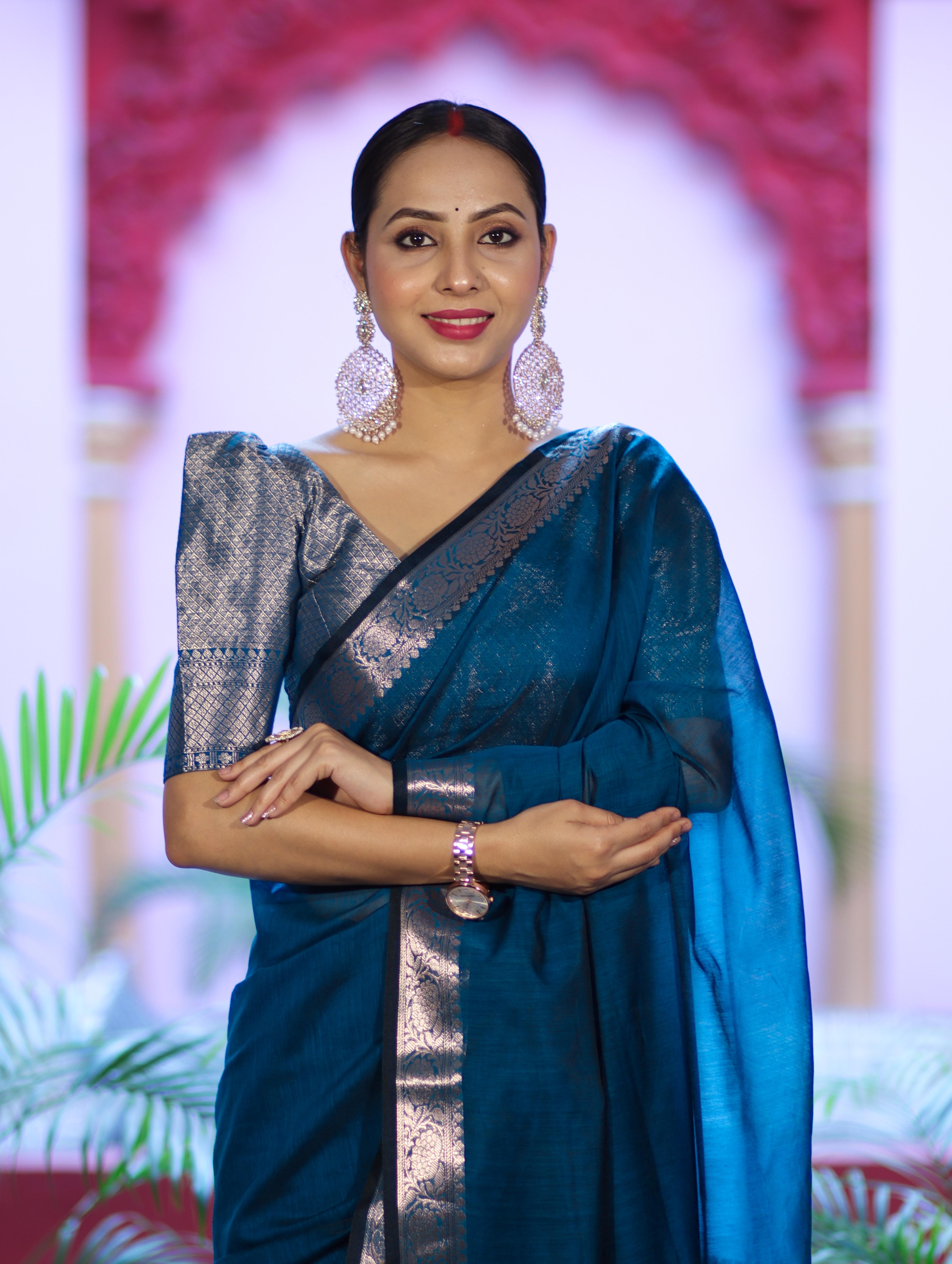 Banarasee Cotton Silk Plain Saree With Floral Zari Border-Ocean Blue