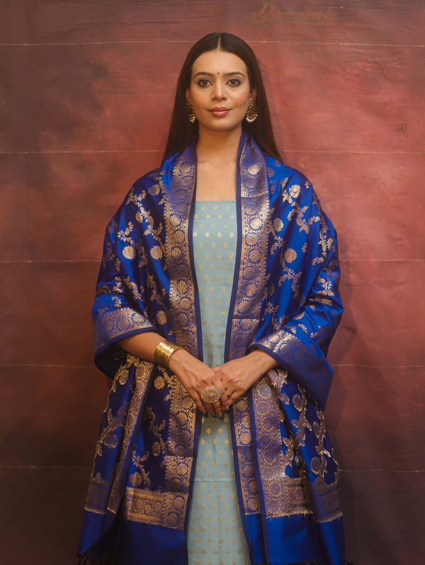 Banarasee Semi-Silk Salwar Kameez Fabric With Contrast Dupatta Set-Blue