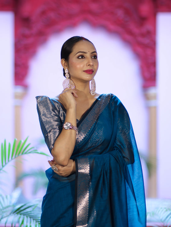 Banarasee Cotton Silk Plain Saree With Floral Zari Border-Ocean Blue