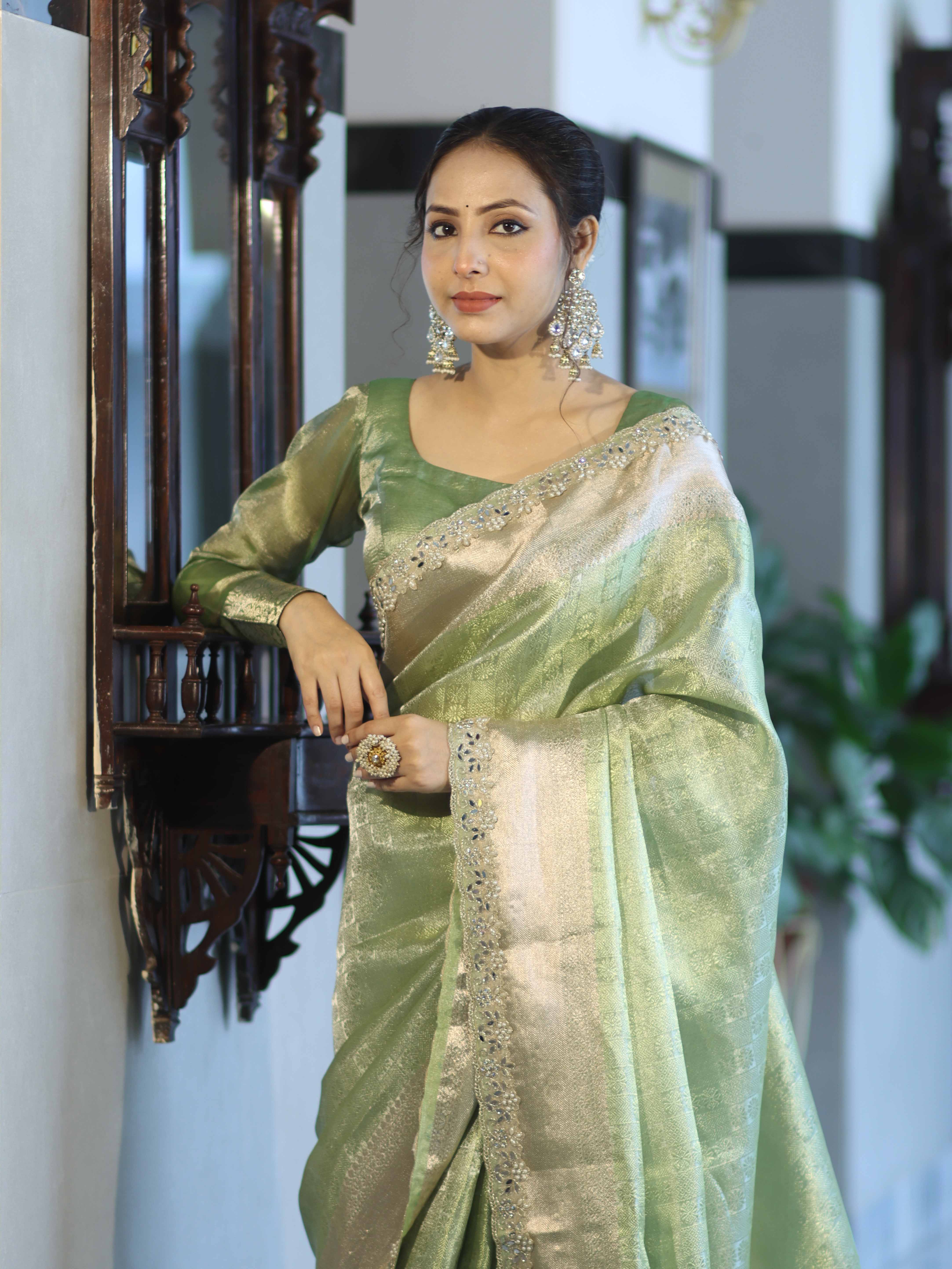 Banarasee Handloom Tissue Saree With Zari Woven Design Border & Lace-Green