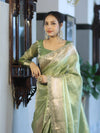 Banarasee Handloom Tissue Saree With Zari Woven Design Border & Lace-Green