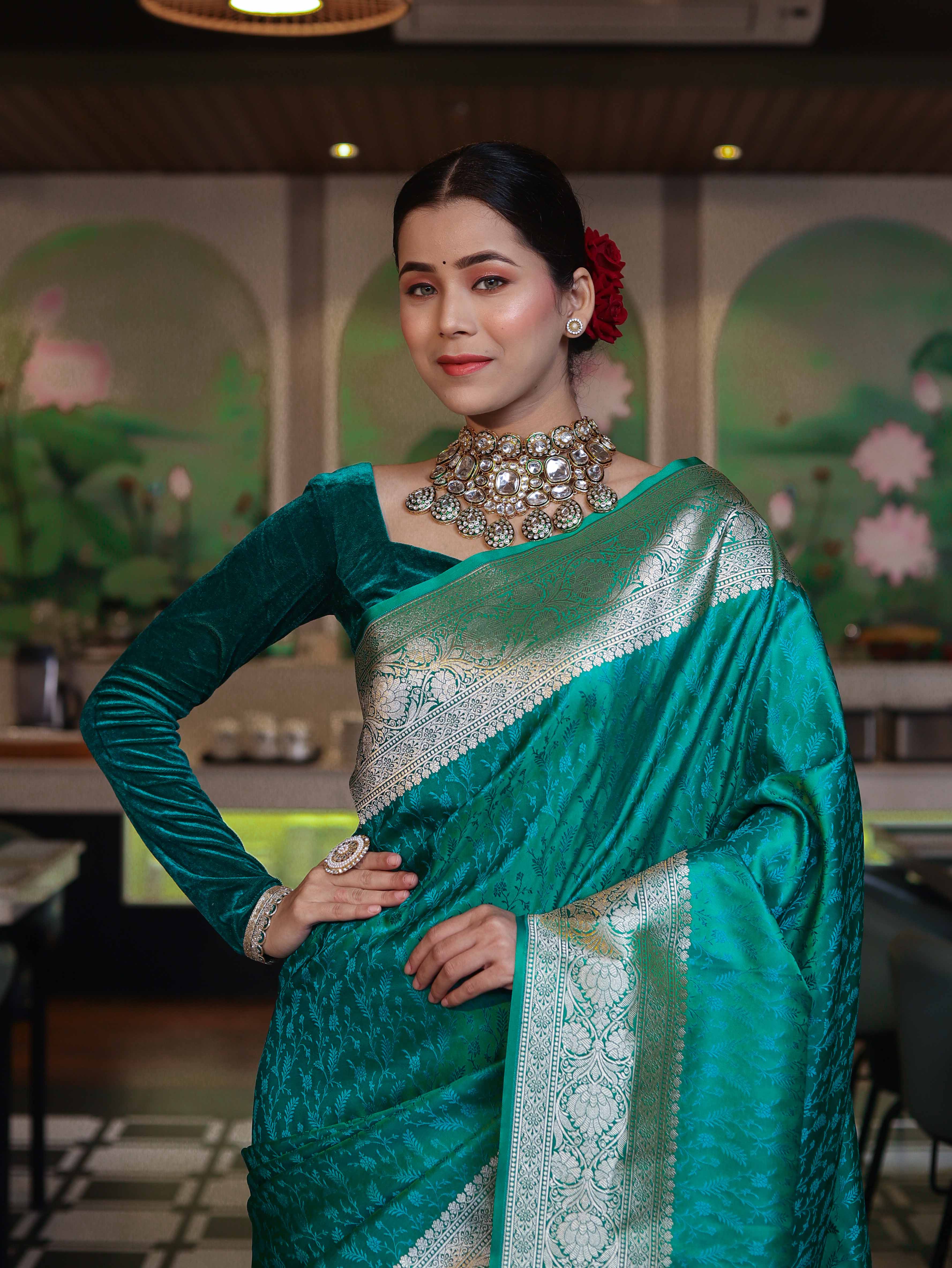 Banarasee Handwoven Semi Katan Saree With Tanchoi Work & Gold Zari Border-Emerald Green