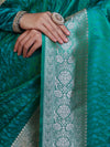 Banarasee Handwoven Semi Katan Saree With Tanchoi Work & Gold Zari Border-Emerald Green