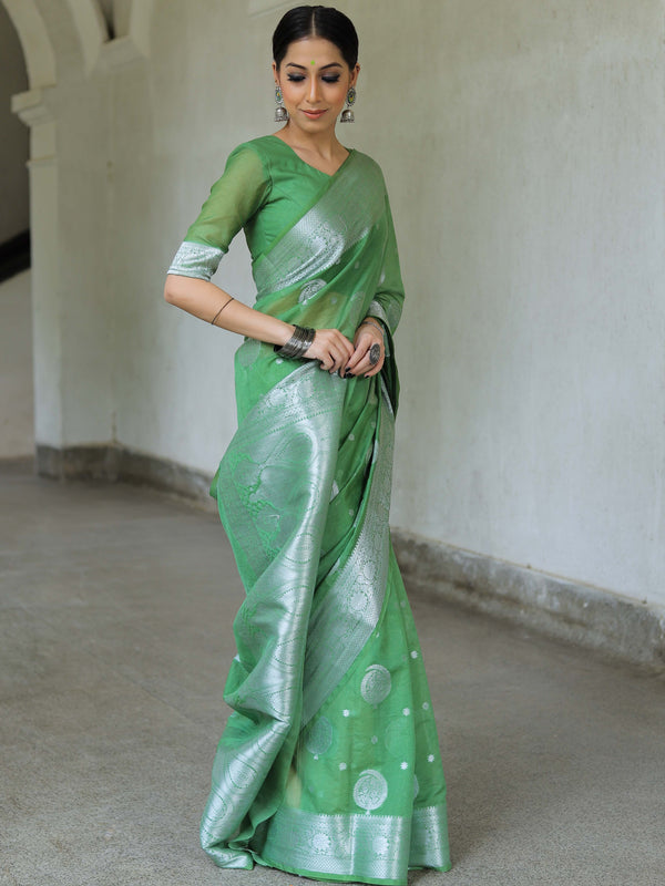 Banarasee Faux Georgette Saree With Silver Zari Buta & Border-Olive Green