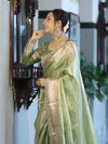 Banarasee Handloom Tissue Saree With Zari Woven Design Border & Lace-Green