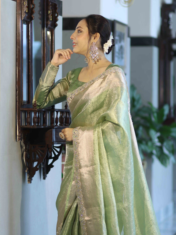 Banarasee Handloom Tissue Saree With Zari Woven Design Border & Lace-Green