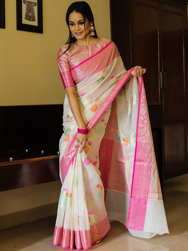 Banarasee Kota Checks Saree With Floral Buta & Border Design-White & Pink