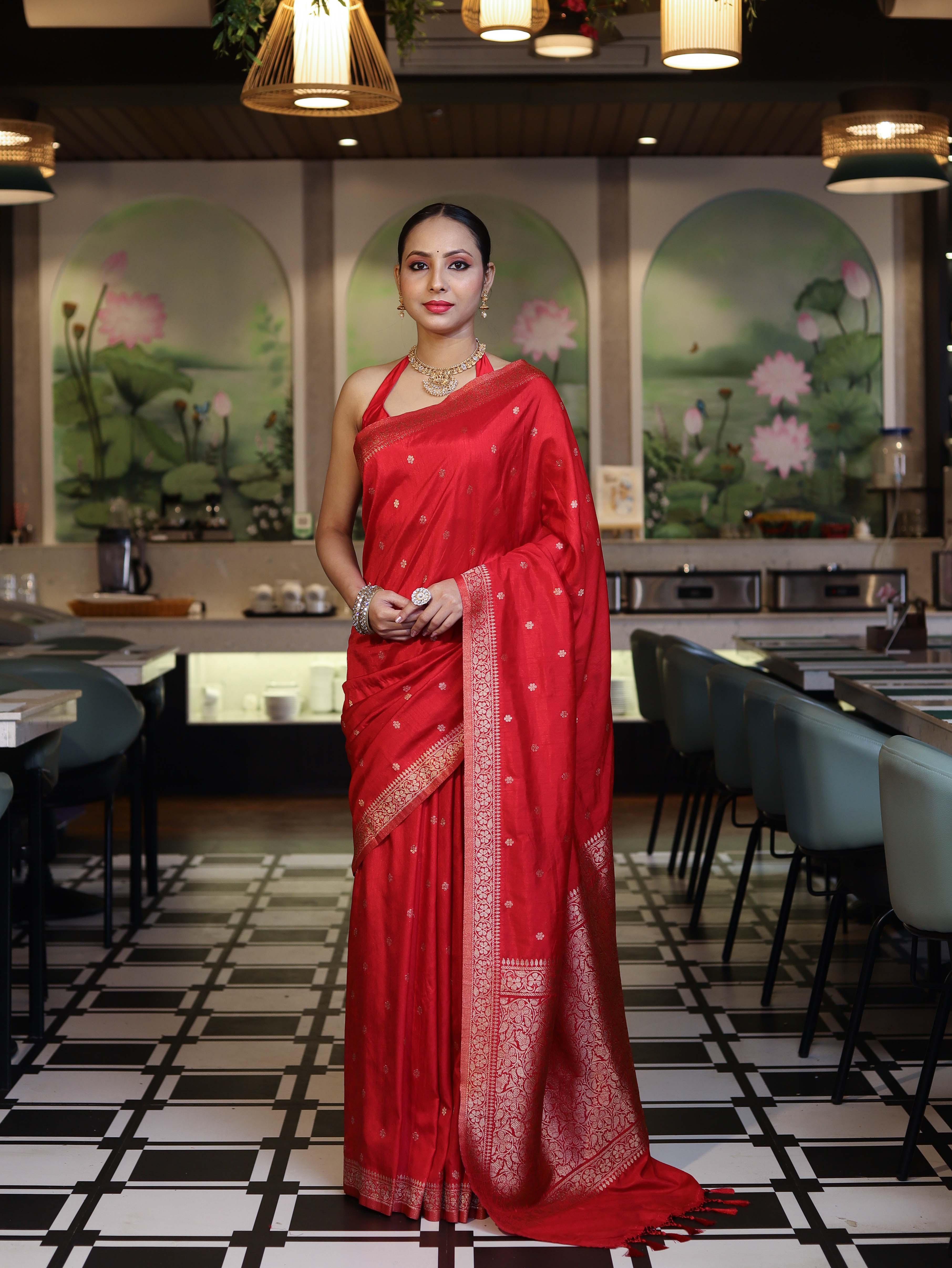 Banarasee Handloom Semi Silk Saree With Zari Buti Work & Floral Border-Red