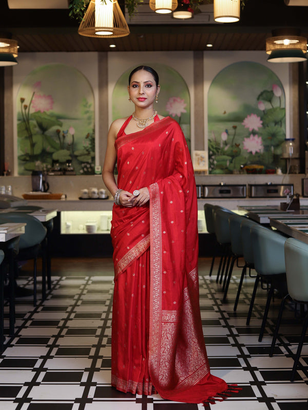 Banarasee Handloom Semi Silk Saree With Zari Buti Work & Floral Border-Red