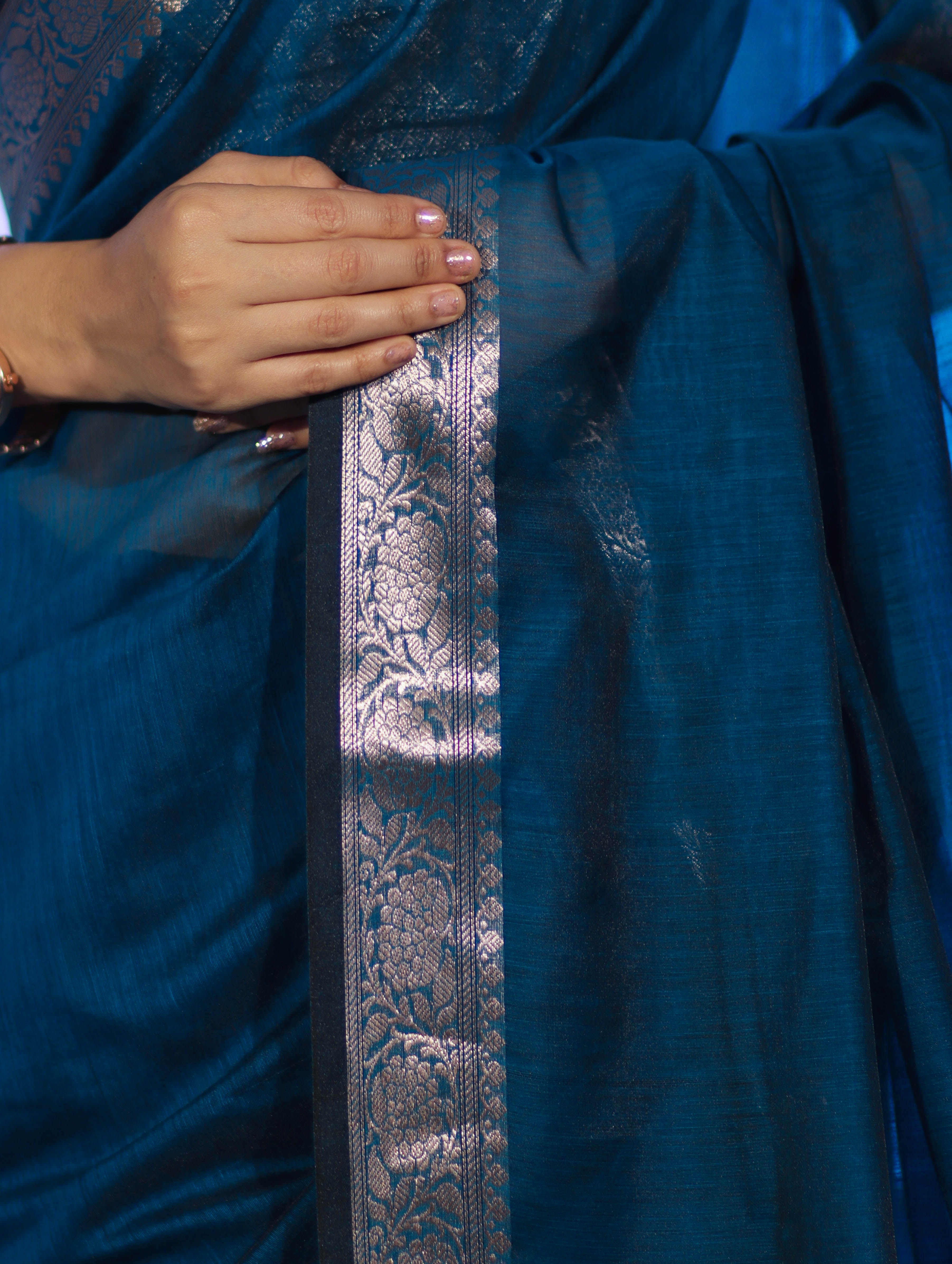 Banarasee Cotton Silk Plain Saree With Floral Zari Border-Ocean Blue