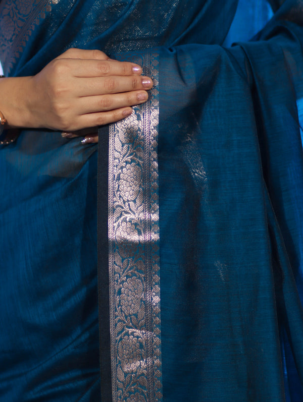 Banarasee Cotton Silk Plain Saree With Floral Zari Border-Ocean Blue