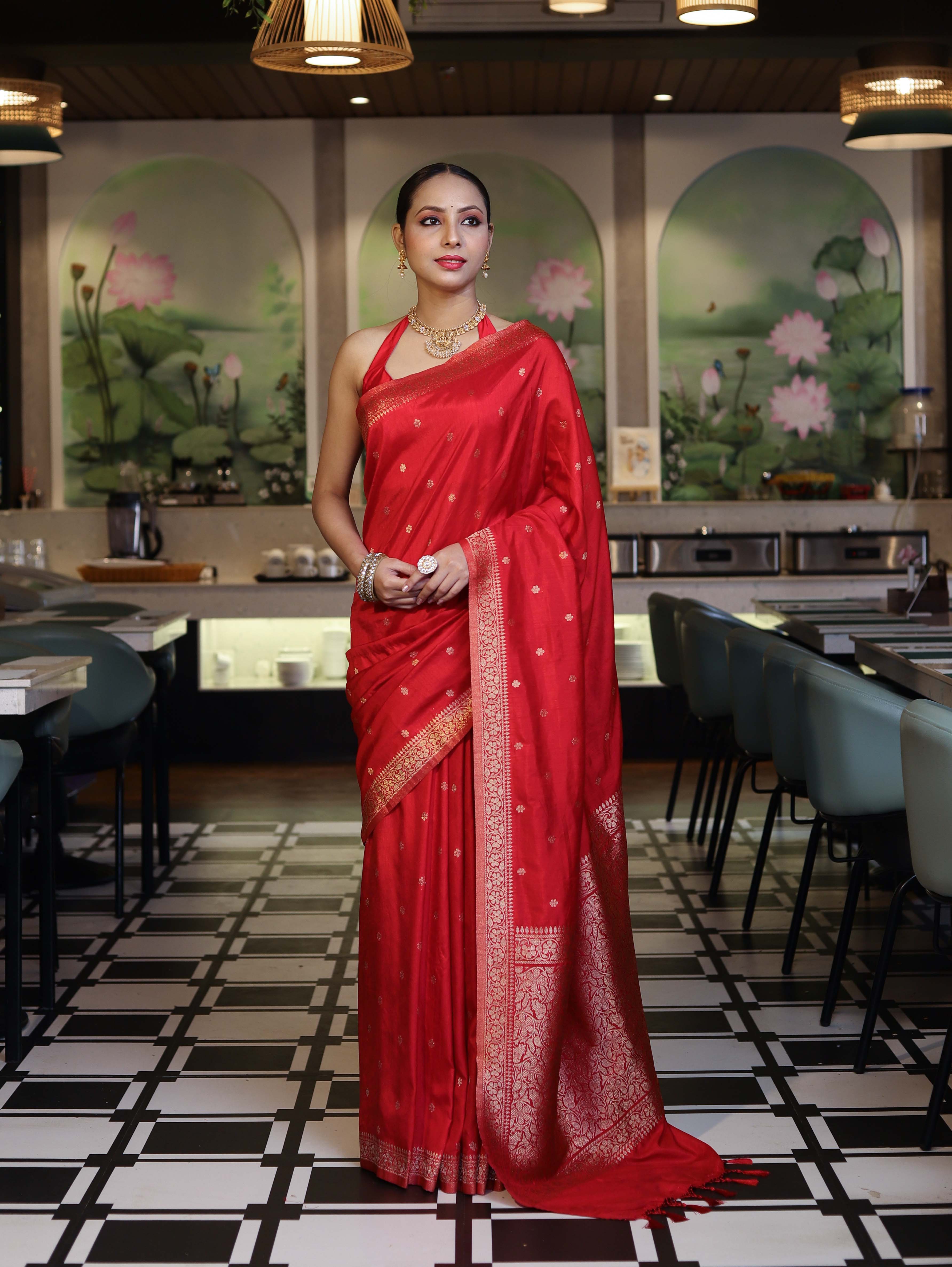 Banarasee Handloom Semi Silk Saree With Zari Buti Work & Floral Border-Red