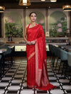 Banarasee Handloom Semi Silk Saree With Zari Buti Work & Floral Border-Red
