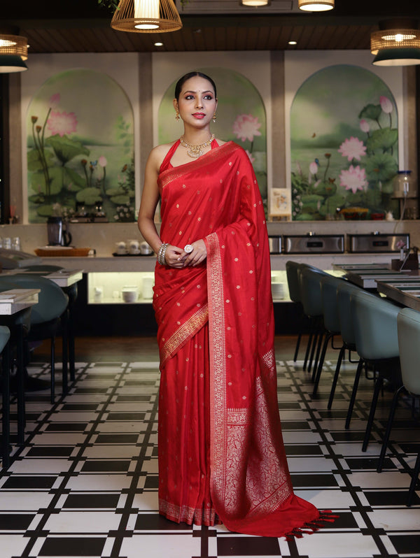 Banarasee Handloom Semi Silk Saree With Zari Buti Work & Floral Border-Red