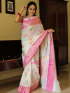Banarasee Kota Checks Saree With Floral Buta & Border Design-White & Pink