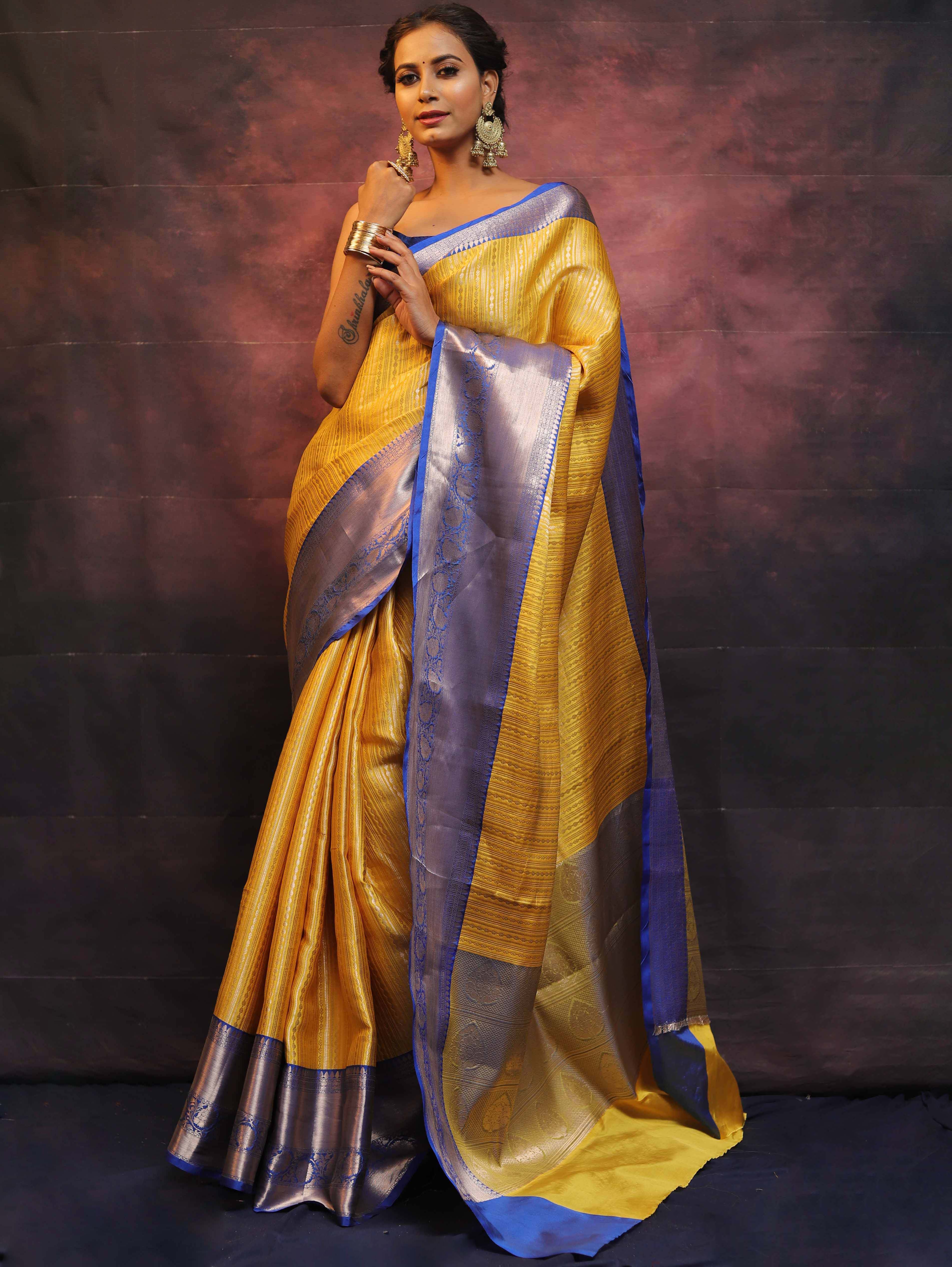 Banarasee Handwoven Broad Contrast Border Tissue Saree-Yellow & Blue