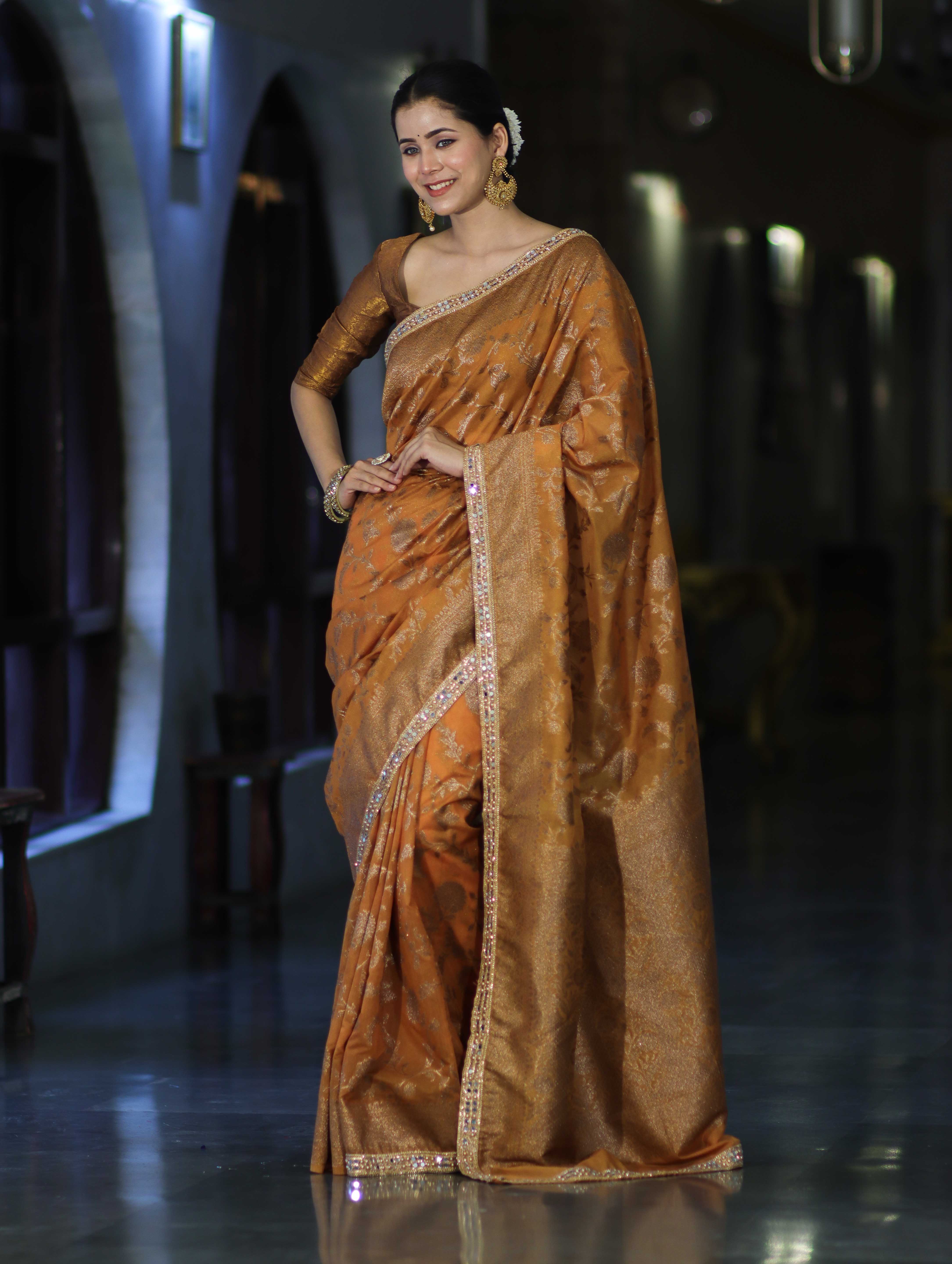 Banarasee Handwoven Georgette Saree With Antique Zari Jaal Design Border & Lace-Mustard Yellow