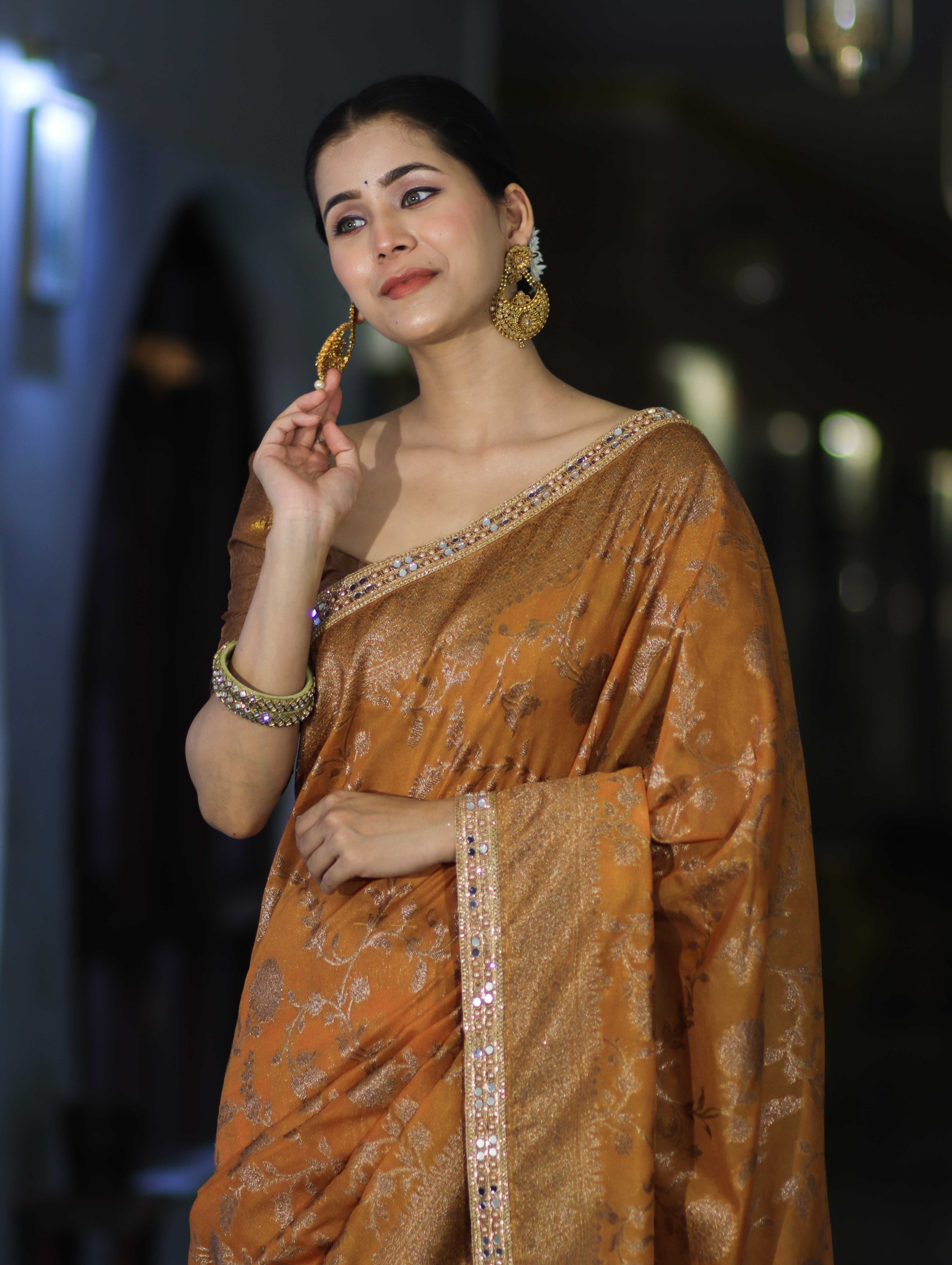 Banarasee Handwoven Georgette Saree With Antique Zari Jaal Design Border & Lace-Mustard Yellow