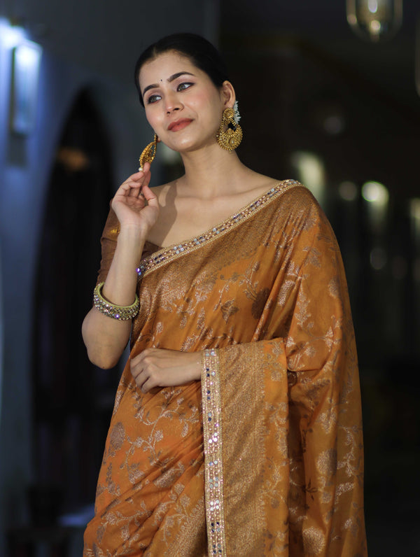 Banarasee Handwoven Georgette Saree With Antique Zari Jaal Design Border & Lace-Mustard Yellow