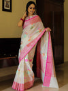 Banarasee Kota Checks Saree With Floral Buta & Border Design-White & Pink