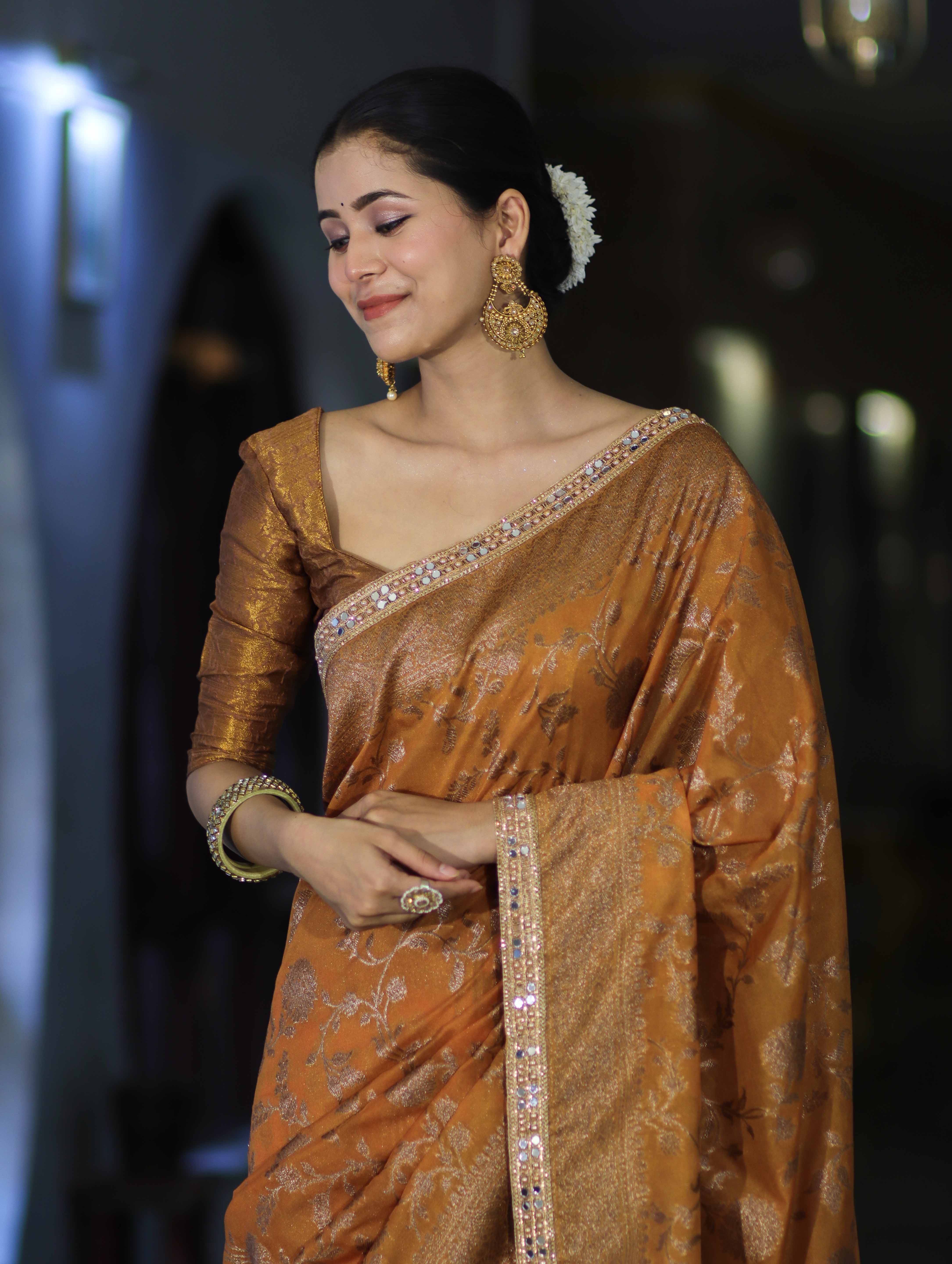 Banarasee Handwoven Georgette Saree With Antique Zari Jaal Design Border & Lace-Mustard Yellow