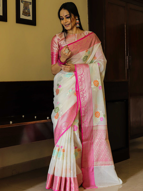 Banarasee Kota Checks Saree With Floral Buta & Border Design-White & Pink