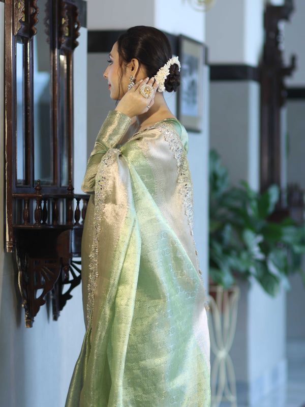 Banarasee Handloom Tissue Saree With Zari Woven Design Border & Lace-Green