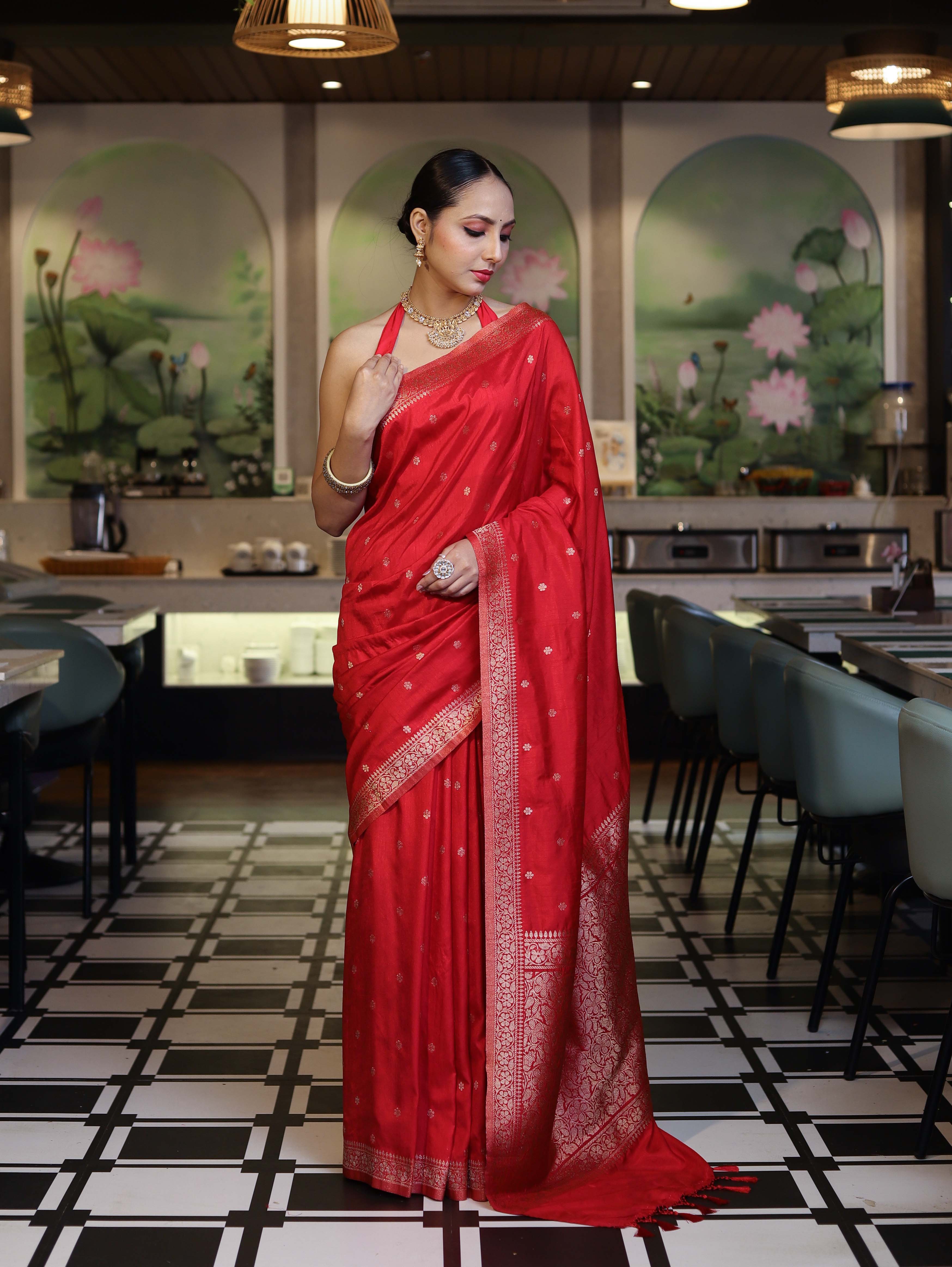 Banarasee Handloom Semi Silk Saree With Zari Buti Work & Floral Border-Red