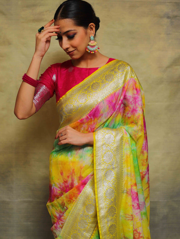 Banarasee Handwoven Faux Georgette Saree With Shibori Dye & Silver Zari-Multicolor