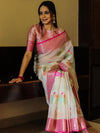 Banarasee Kota Checks Saree With Floral Buta & Border Design-White & Pink