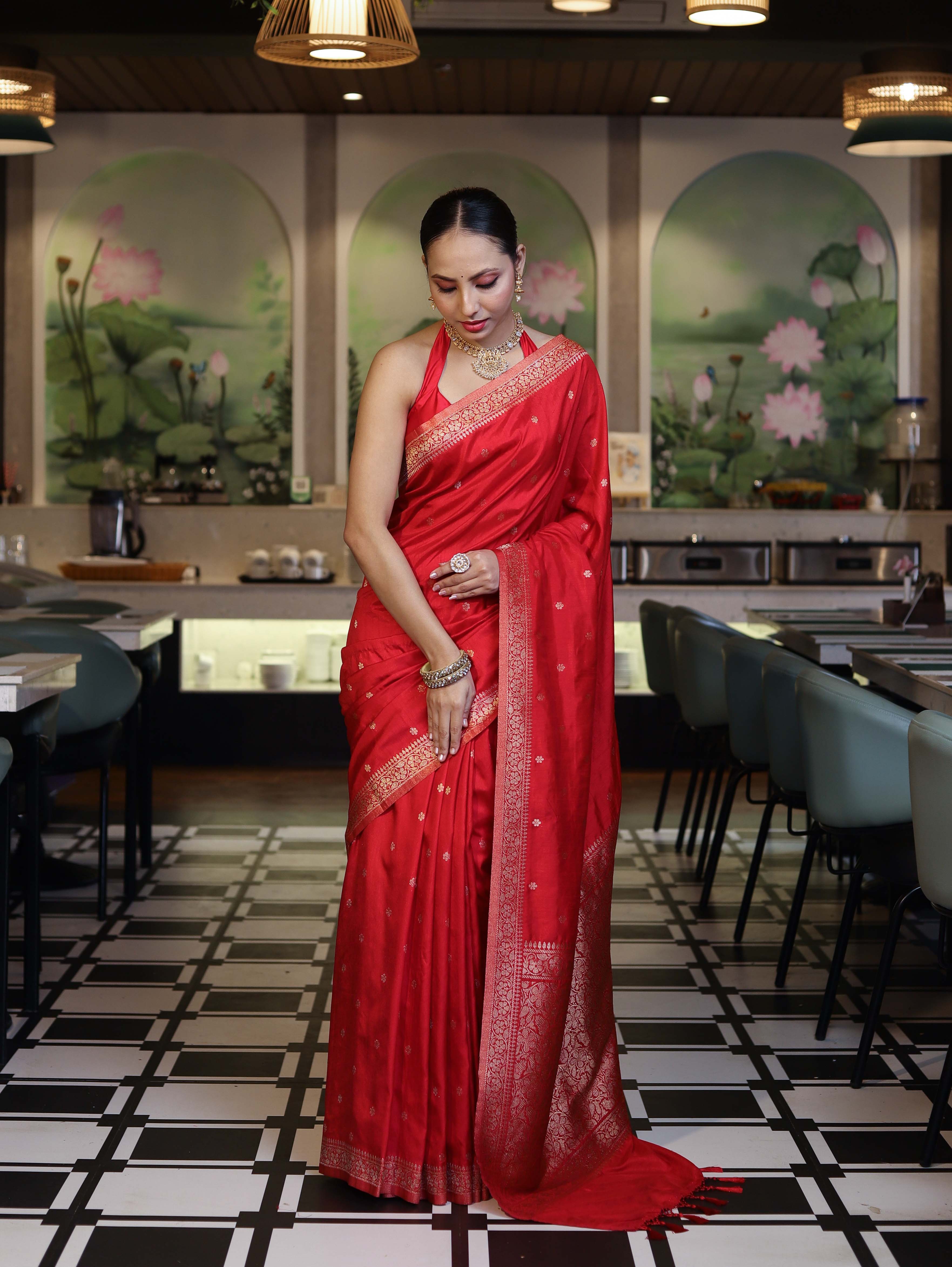 Banarasee Handloom Semi Silk Saree With Zari Buti Work & Floral Border-Red