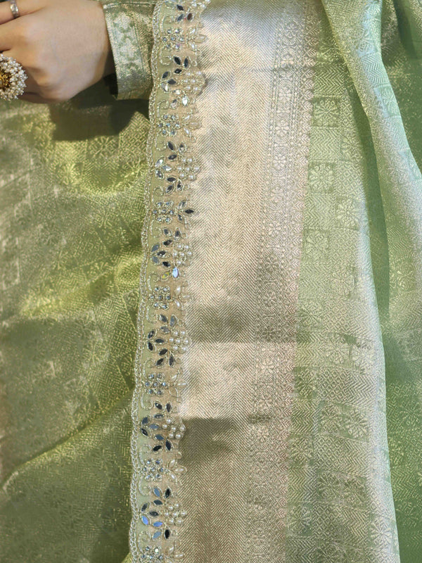 Banarasee Handloom Tissue Saree With Zari Woven Design Border & Lace-Green