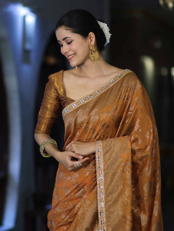 Banarasee Handwoven Georgette Saree With Antique Zari Jaal Design Border & Lace-Mustard Yellow