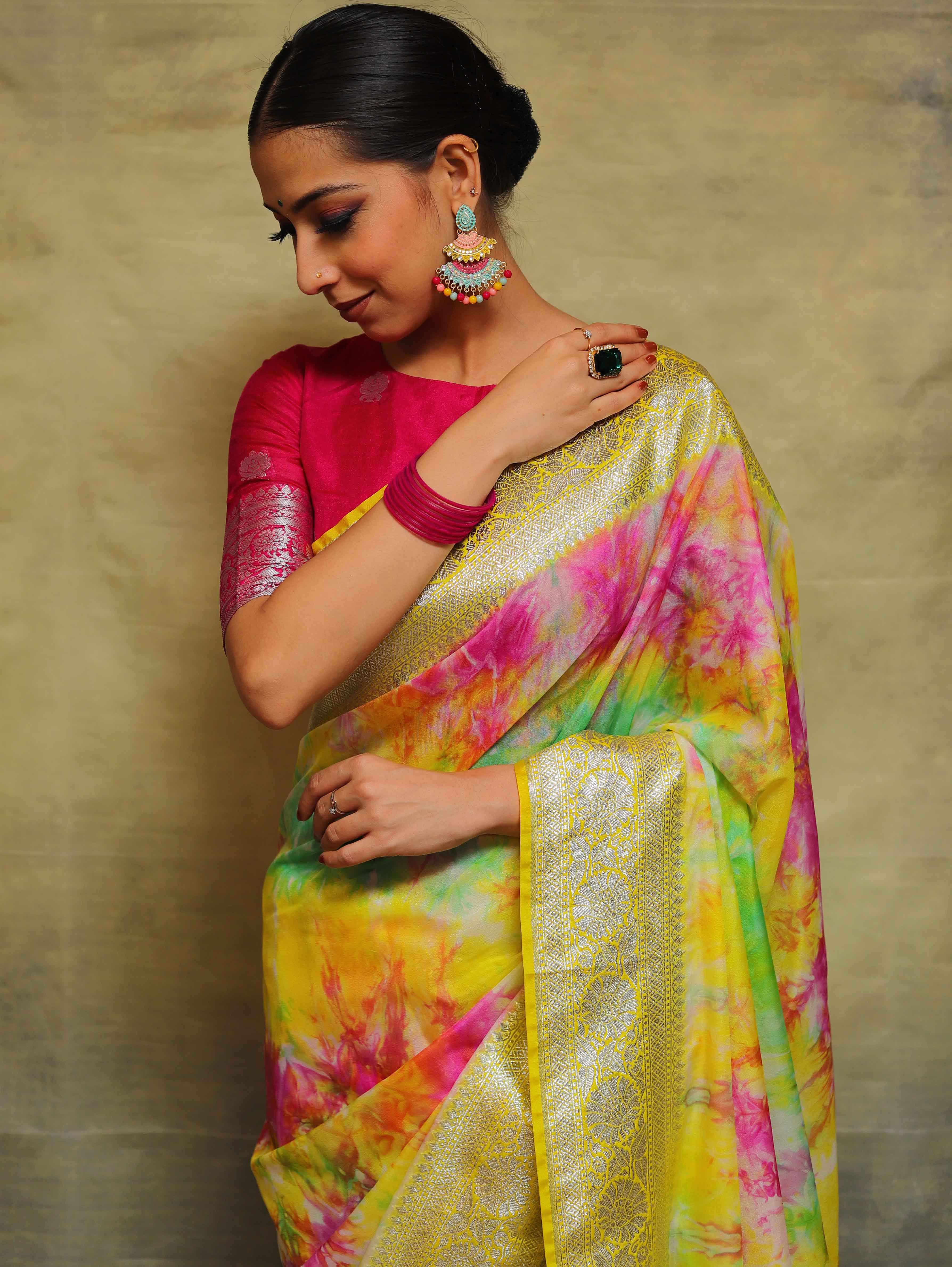 Banarasee Handwoven Faux Georgette Saree With Shibori Dye & Silver Zari-Multicolor