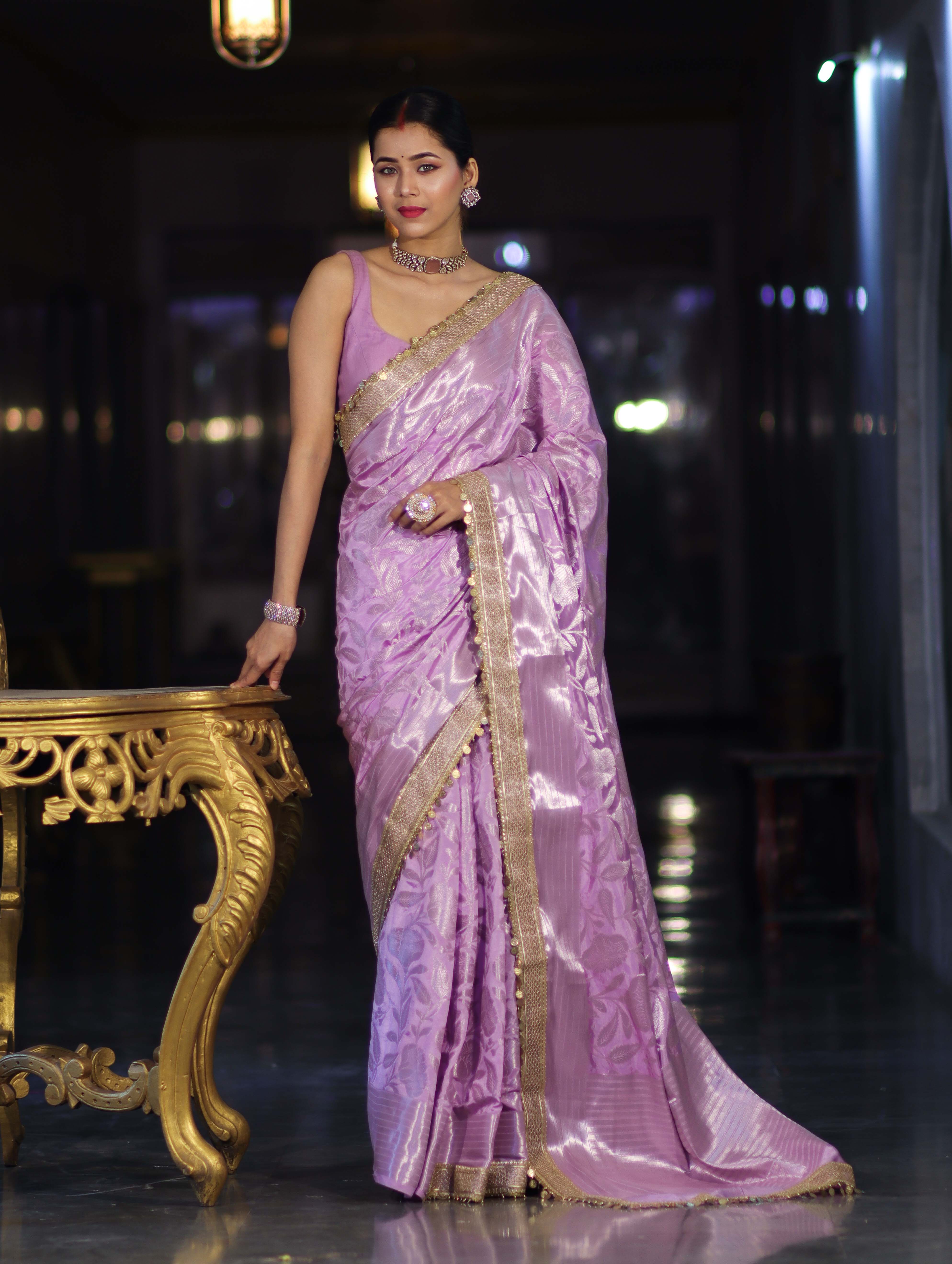 Banarasee Handloom Semi Silk Saree With Silver Zari Work Border & Lace-Lavender