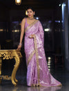 Banarasee Handloom Semi Silk Saree With Silver Zari Work Border & Lace-Lavender