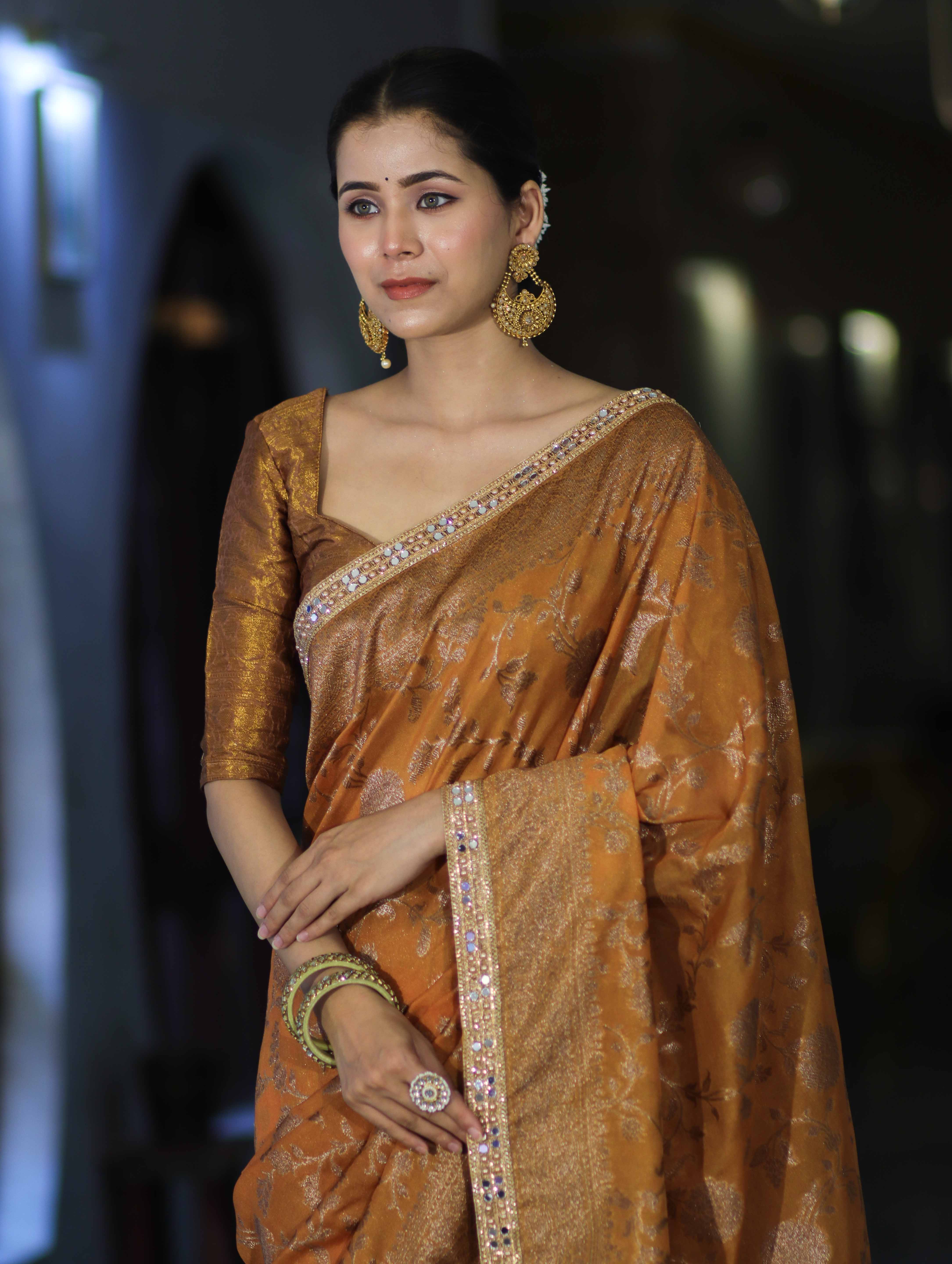 Banarasee Handwoven Georgette Saree With Antique Zari Jaal Design Border & Lace-Mustard Yellow