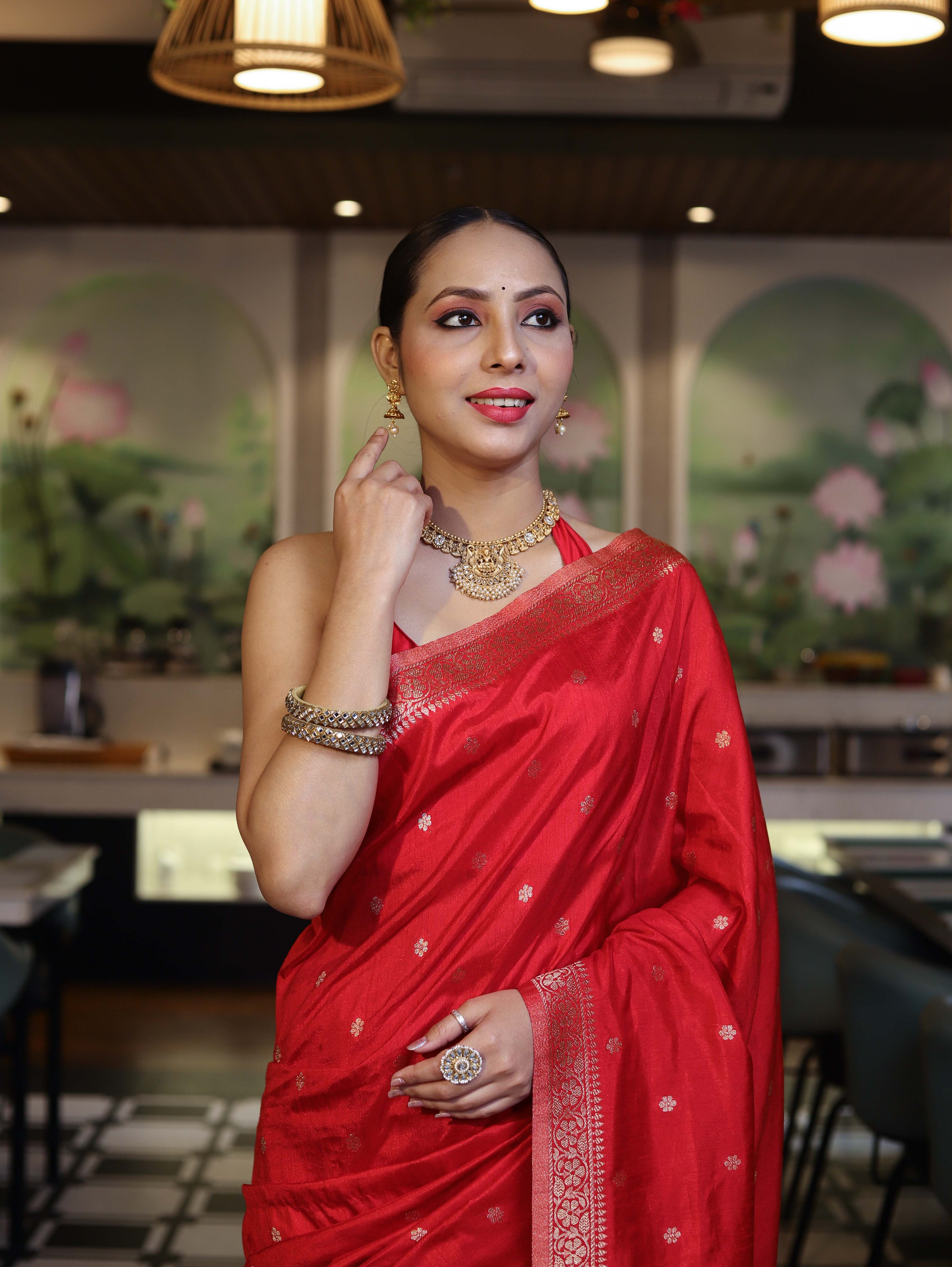 Banarasee Handloom Semi Silk Saree With Zari Buti Work & Floral Border-Red