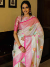 Banarasee Kota Checks Saree With Floral Buta & Border Design-White & Pink