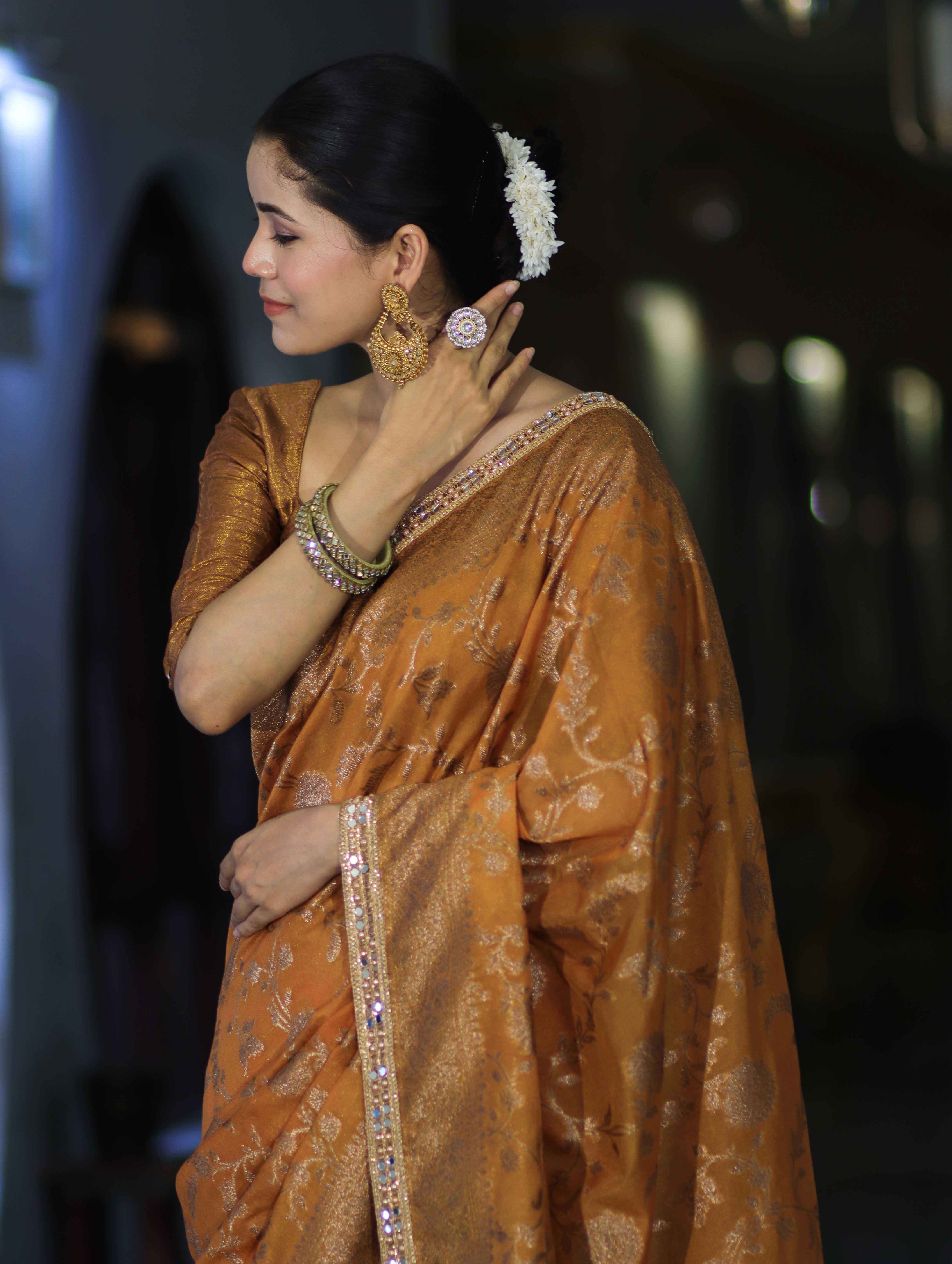 Banarasee Handwoven Georgette Saree With Antique Zari Jaal Design Border & Lace-Mustard Yellow
