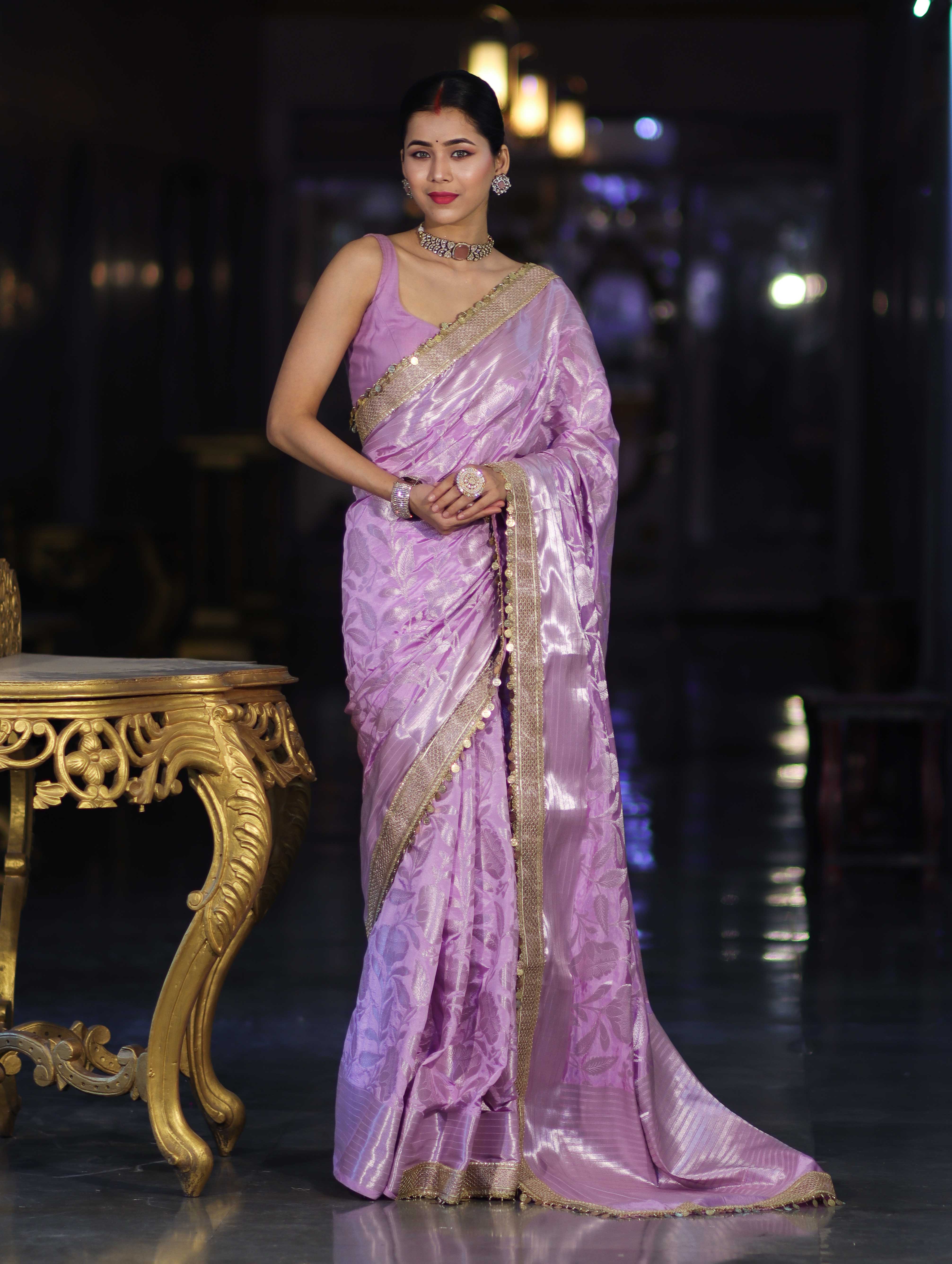 Banarasee Handloom Semi Silk Saree With Silver Zari Work Border & Lace-Lavender